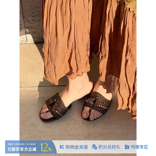 UNFOLIO复古编织流苏猫跟拖鞋