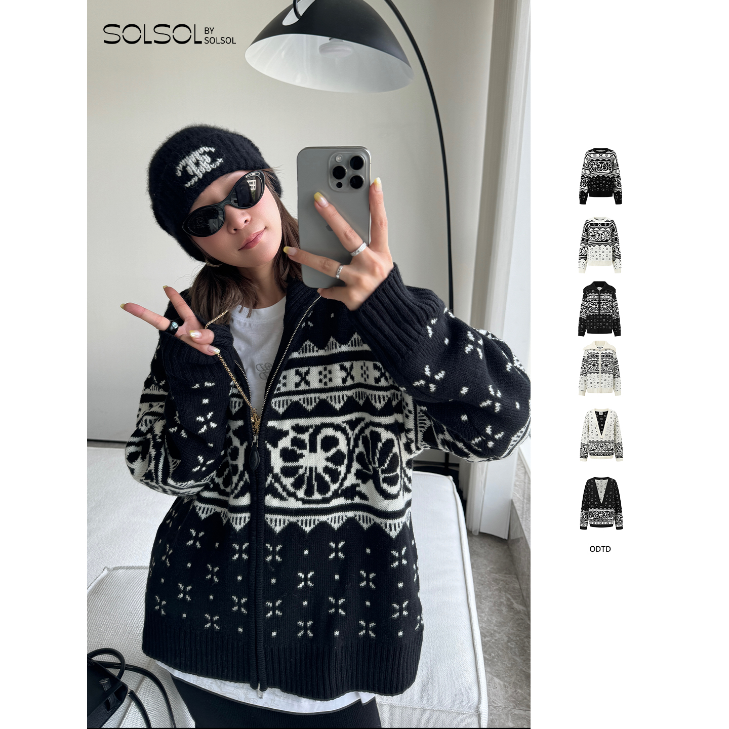 ODTD复古费尔岛深V领套头毛衣女