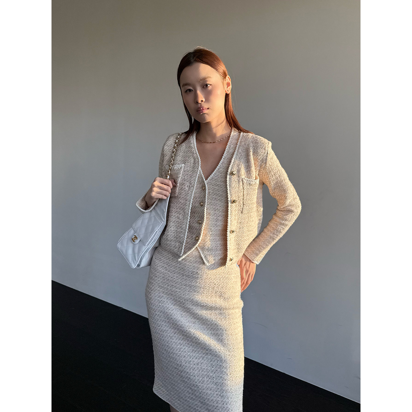 CRUSH秋冬新款花呢V领夹克