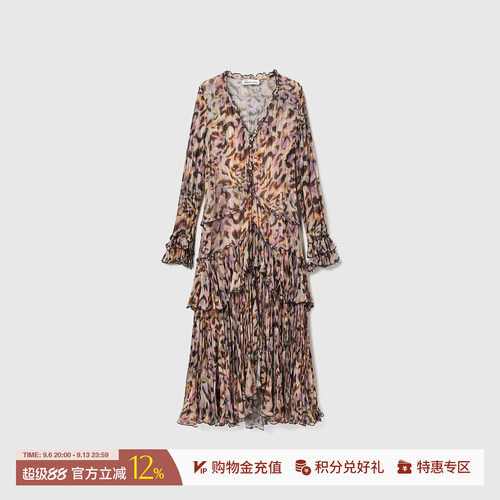 RODERICWONG雪纺印花压褶连衣裙