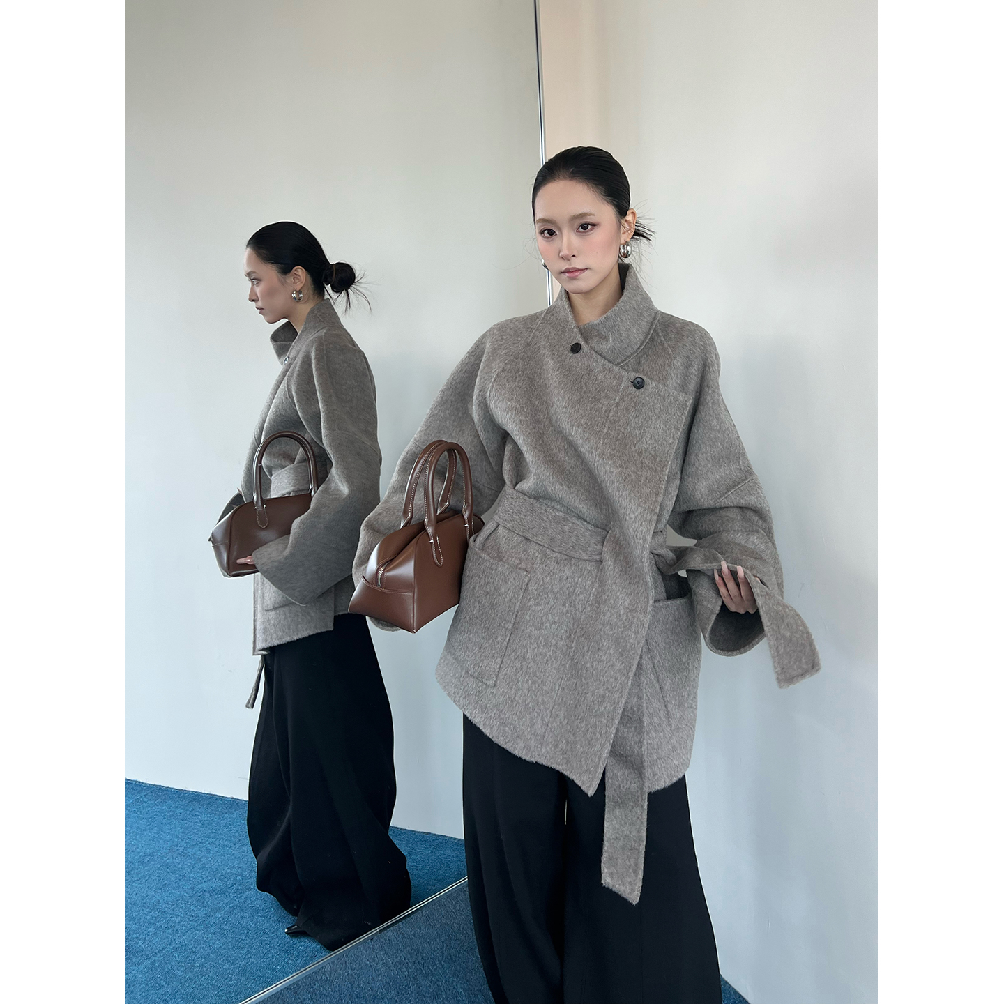 VIKTORIACHAN休闲羊毛系带短大衣