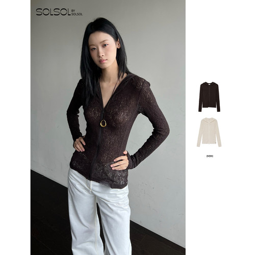 IMMI秋冬弹力镂空针织连帽上衣女