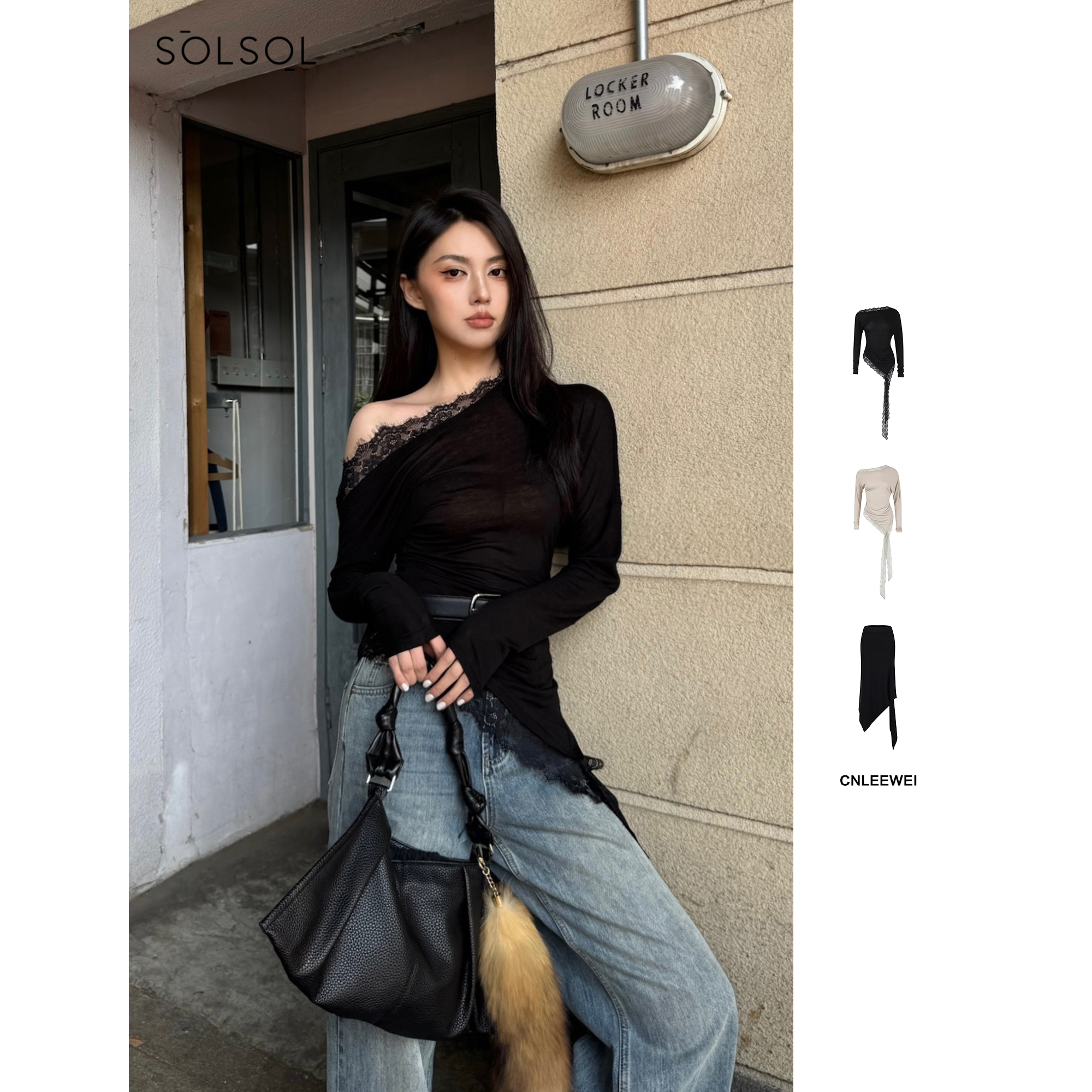 CNLEEWEI 25春夏 不规则一字肩蕾丝拼接针织上衣半裙SOLSOL买手店