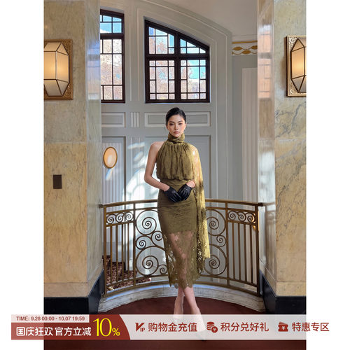 CNLEEWEI复古荷叶领蕾丝连衣裙