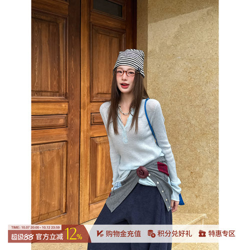 REREK修身V领蕾丝羊驼毛毛衫