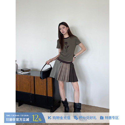 ANNENONO三拼格纹百褶短半身裙