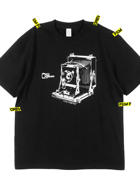 摄影文创220g大画幅胶片相机短袖T恤男士黑色圆领半袖纯棉体恤衫