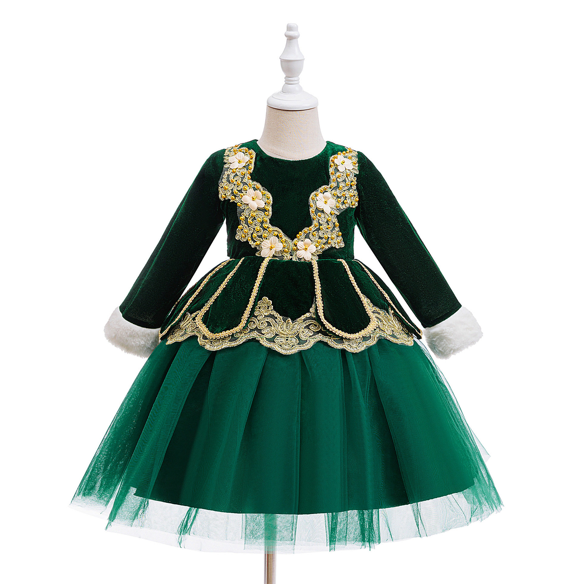 秋冬新款儿童礼服公主裙蕾丝长袖绒布圣诞节派对装扮服蓬蓬连衣裙