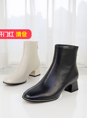 特价II可媚秋冬款方头羊皮车缝线水钻粗中跟后拉链短靴KC24923-06