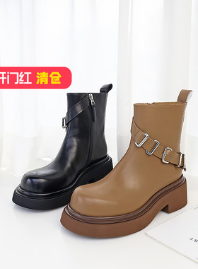 清仓II可媚秋冬款圆头胎牛皮金属皮带扣厚底户外短靴KC23876-166