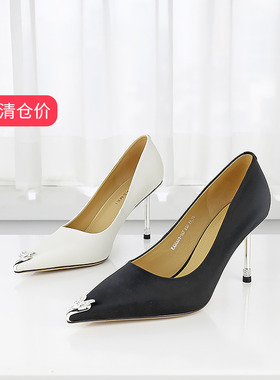 清仓II可媚春款尖头珠光真丝牛皮镶钻超高细跟单鞋女KA24601-167