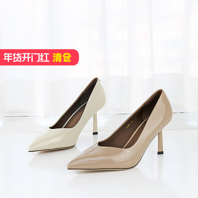 尖头高跟鞋可媚牛漆皮经典单鞋女