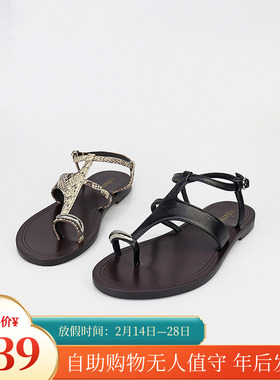 可媚正品2025夏款牛皮金属饰扣丁字式套趾平底凉鞋女KB25662-286