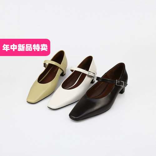 可媚胎牛皮一字扣粗跟玛丽珍女鞋