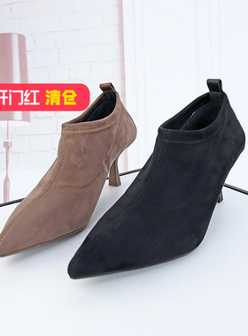 清仓II可媚正品秋款尖头弹力布短靴子细高跟套筒裸靴女KC23895-81