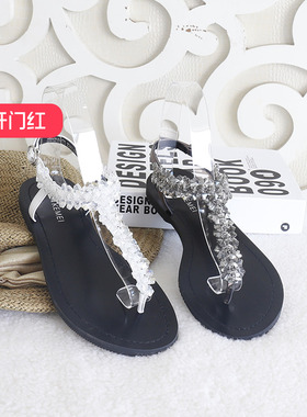 清仓‖可媚正品夏款牛皮串珠水钻T型绑带夹趾平跟凉鞋KB21210-175