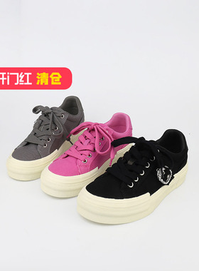 可媚2025新春款圆头布面水钻日韩服系带平底休闲板鞋KA25356-103