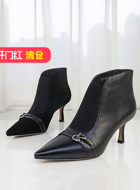 特价II可媚秋冬款尖头胎牛皮细高跟皮带扣松紧短靴女KC24917-388