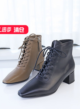 清仓II可媚秋冬款小方头胎牛皮前系带粗中跟时装短靴KC23915-162