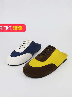 可媚2025新夏款磨砂牛皮拼接真丝布或羽绒布包头拖鞋女KB25628-73