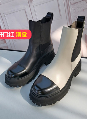 清仓‖可媚冬款圆头牛皮防滑厚底靴松紧带拼色马丁靴女KC22972-22