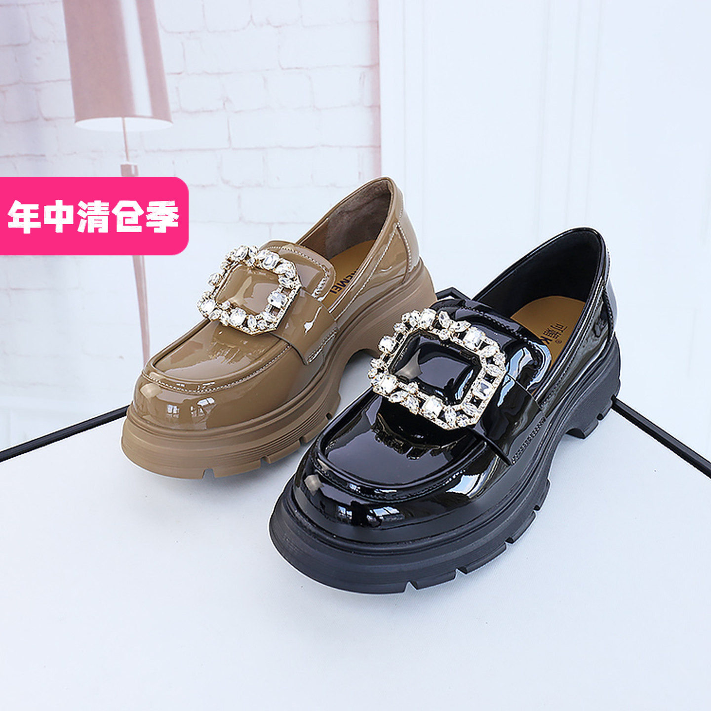 清仓II可媚正品秋款牛漆皮水钻扣饰厚底防滑真皮单鞋KC23849-225
