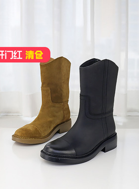 特价II可媚冬款圆头黑色胎牛皮黄色牛猄皮车缝线短靴女KC24934-09
