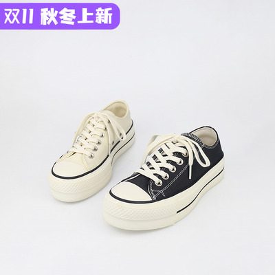 可媚学院风帆布系带平底休闲鞋女
