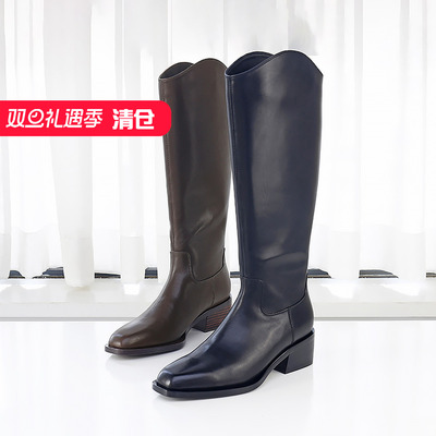 小方头骑士靴可媚胎牛皮粗中跟