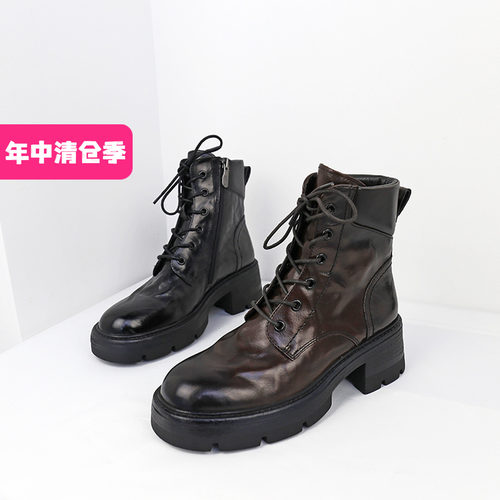 可媚系带马丁靴防滑厚底牛皮短靴