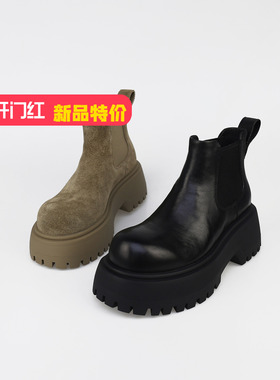 可媚2025新秋冬款圆头牛皮厚底短靴防滑松紧带马丁靴KC25899-203