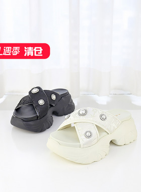 特价II可媚正品夏款进口布花纹大闪钻松糕底拖鞋女KB24325-288