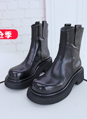 清仓II可媚秋冬款圆头胎牛皮马丁靴厚底后拉链短靴女KC23875-166