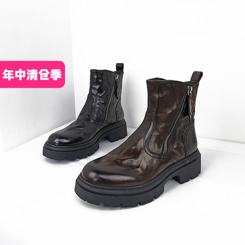 可媚圆头牛皮大头靴厚底马丁靴女