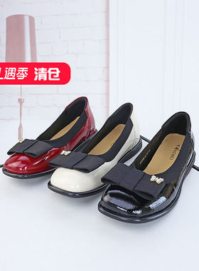 清仓II可媚正品秋款圆头牛漆皮拼色蝴蝶结平底甜美单鞋KC23806-08