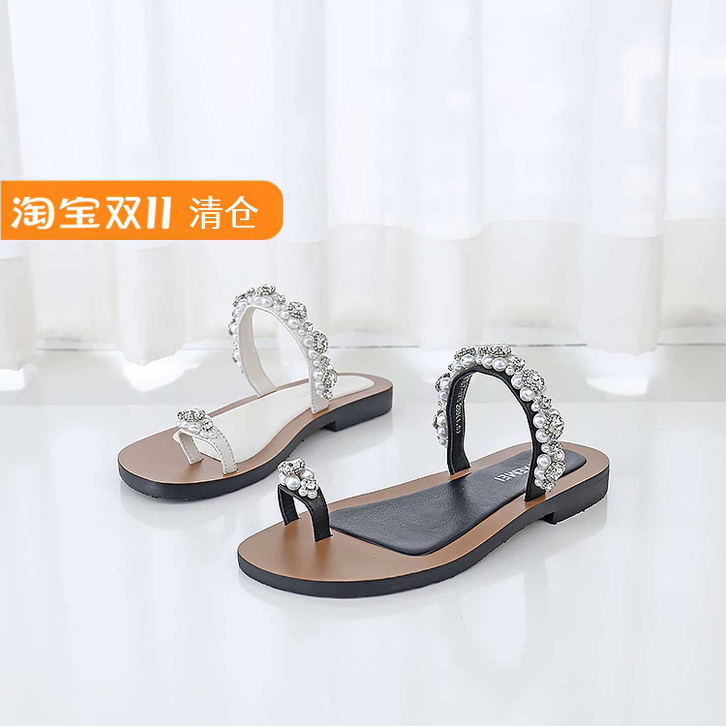 可媚羊皮闪钻串珠套趾夹板拖鞋女