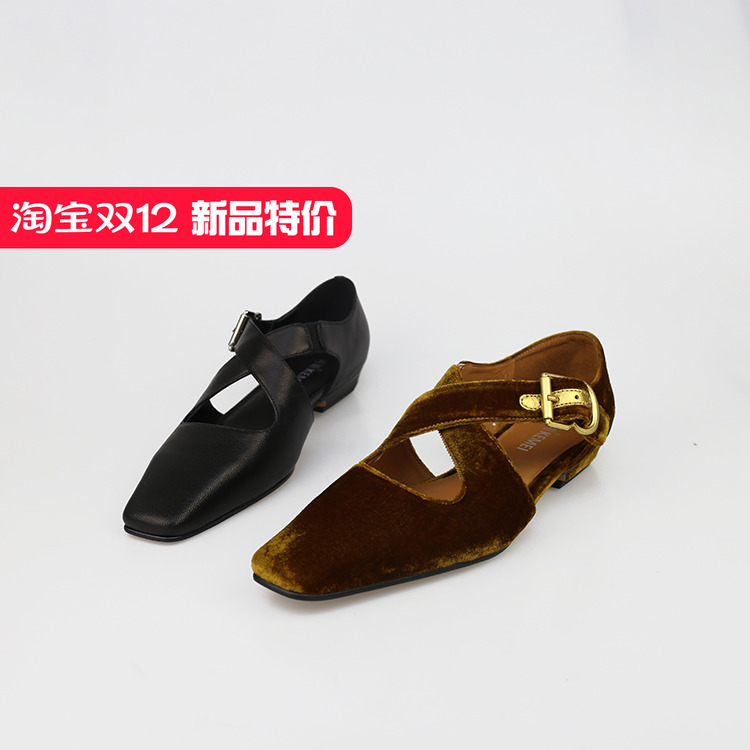 可媚小方头羊皮低跟交叉绑带单鞋