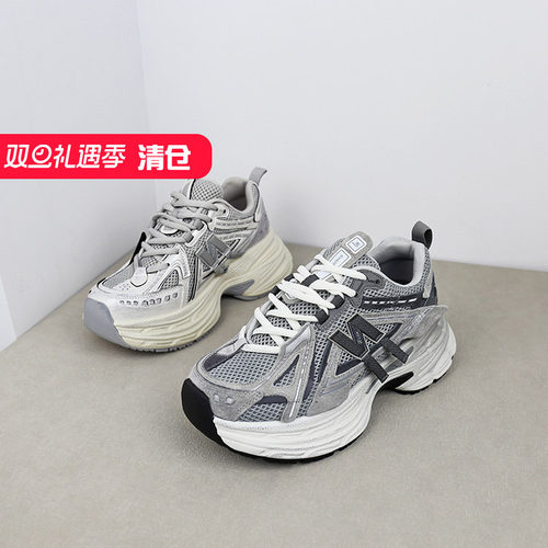 可媚圆头牛皮网面厚底拼色休闲鞋