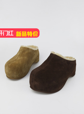 可媚2025新冬款圆头牛猄皮厚底羊羔毛绒内里包头拖鞋女KC25923-71