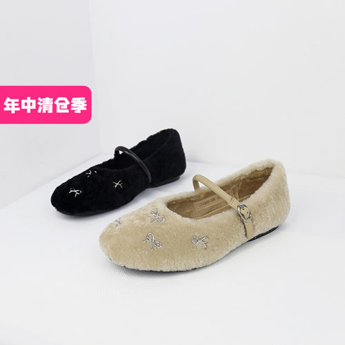 可媚亮条蝴蝶结胎羊毛玛丽珍女鞋