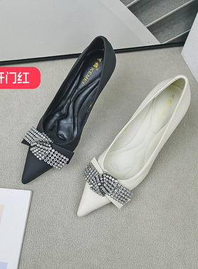 清仓‖可媚正品春款尖头羊皮水钻蝴蝶结细高跟单鞋女KA22620-187