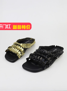 可媚正品2025新夏款金色金属牛皮黑色牛油皮平底拖鞋KB25685-286