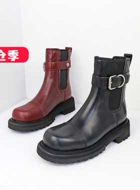 清仓II可媚秋冬款圆头胎牛皮马丁靴防滑厚底皮带扣短靴KC24865-19