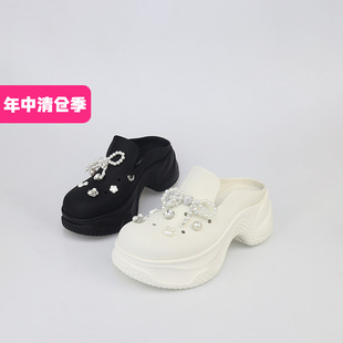 特价II可媚春款丝绸牛皮串珠大水钻松糕厚底包头拖鞋女KA25317-31