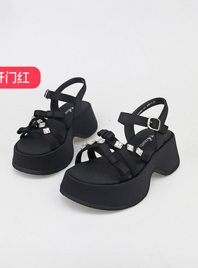 可媚2025新夏款莱卡布细带闪钻脚腕绊带厚底露趾凉鞋KB25668-121