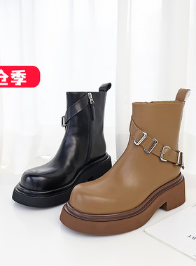 清仓II可媚秋冬款圆头胎牛皮金属皮带扣厚底户外短靴KC23876-166