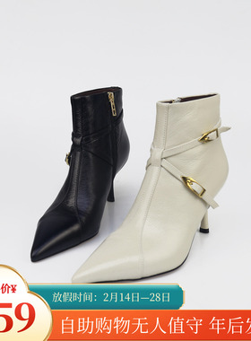 可媚2025新秋冬款尖头胎牛皮侧拉链细高跟真皮短靴女KC25908-236