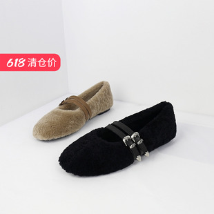 清仓II可媚正品冬款圆头羊羔毛平底皮带扣玛丽珍鞋女KC24943-366