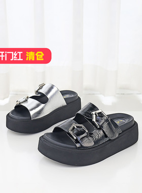 特价II可媚正品夏款牛皮厚底一字拖金属皮带扣真皮拖鞋KB24319-71
