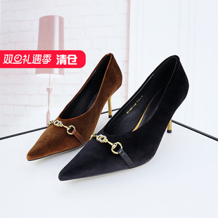 女KC23867 尖头绒布甜美蝴蝶结细高跟单鞋 236 秋款 清仓II可媚正品